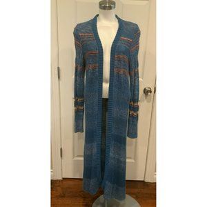 Knitted & Knotted Long Blue, Maroon, & Tan Striped Knit Cardigan, Size L